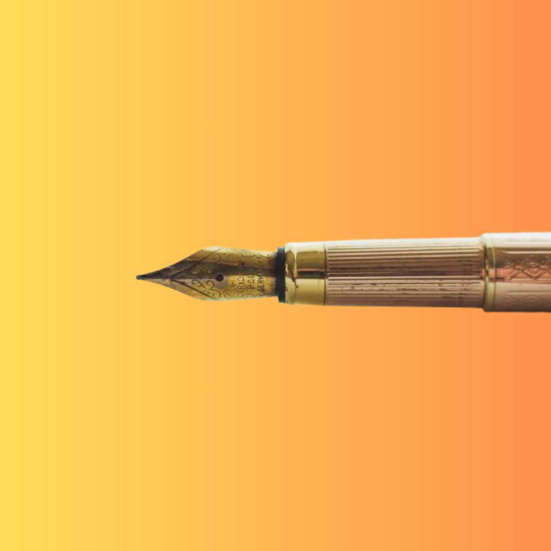 A close-up of a gold fountain pen’s nib, captured in detail against an orange gradient background.

Credit: Photo by Art Lasovsky on Unsplash.